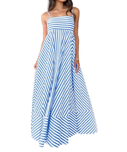 Image of NUFIWI Women Summer Striped Maxi Dress Spaghetti Strap Cutout Ruffle Long Dress Flowy Swing Beach Vocation Dress