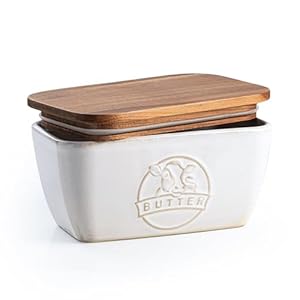 Butter Dish with Lid for Countertop, Farmhouse Ceramic Butter Keeper with Acacia Wood Lid, Large Porcelain Butter Container for Kitchen Decor and Accessories, Off-White