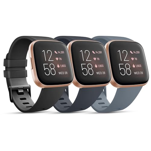3 Pack Sport Bands Compatible with Fitbit Versa Bands, Classic Soft Sport Replacement Wristbands for Fitbit Versa 2 Smart Watch Women Men (Large,Black/Midnight Blue/Blue Gray)
