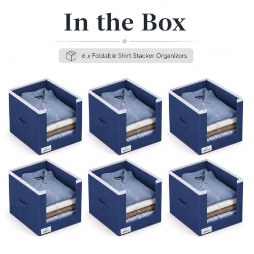 Image of VERVENIX Shirt Stacker Set of 6, Non Woven Foldable Clothes Storage Organizer with Handle, Wardrobe Closet Organizer, Space Saving Cloth Organizer for T-Shirts, Shirts, Jeans, Blue