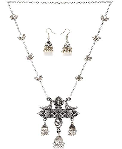 Shining Diva Fashion Latest Oxidised German Silver Afghani Long Chain Pendant Earrings Necklace Jewellery Set for Women (Silver)