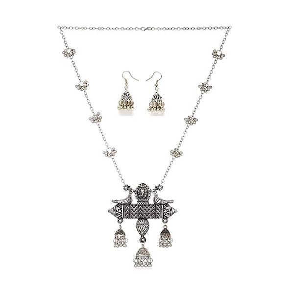 Shining Diva Fashion Latest Oxidised German Silver Afghani Long Chain Pendant Earrings Necklace Jewellery Set for Women (Silver) (12013s)