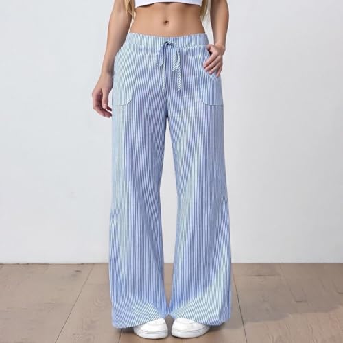 Womens Striped Linen Pants Low Rise Wide Leg Plus Size Trendy Elastic Waist Drawstring Casual Flowy Trouser with Pockets2