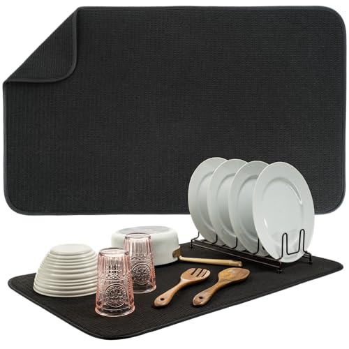 S&T INC. Dish Drying Mat Jumbo, 18” x 30”, Absorbent Microfiber Kitchen Counter Mat, Dish Drying Pad for Dishes, Utensils, Pots and Pans, Jumbo, Black