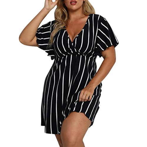 AMDOLE Damenkleider mit hoher Taille, Übergröße, gestreifter Druck, Wickelkleid, V-Ausschnitt, kurze Ärmel, A-Linie, Taillenkleid, Midi-Kleider...