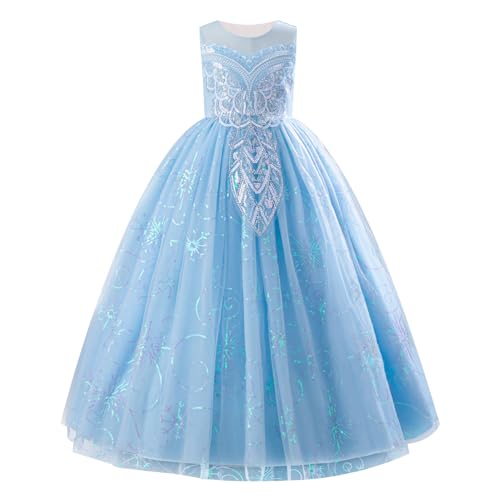 IDOPIP Flower Girls Beads Sequin Embroidery Sleeveless Tulle Midi Dress Bridesmaid Wedding Party Prom Gown Birthday Pageant Dress for Kid Girl Blue 160 (11-12Y)