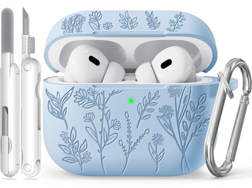 Image of Flower Engraved Case for Apple AirPods Pro 2nd /1st Generation, Soft Silicone AirPods Pro 2 Gen Protective Cover for Women Airpod Cases with Clean Kit,Carabiner,Front LED Visible,Light Blue