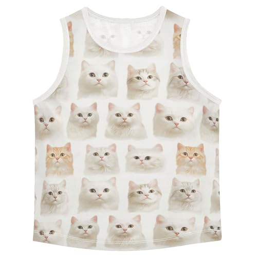 Boys Tank Top Shirts Cat Animal White Sleeveless T-Shirts Crew Neck for Kids Clothing Children