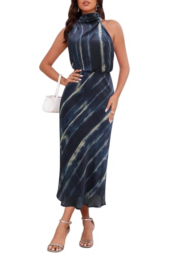 Image of Women's Satin Maxi Dress Summer Formal Wedding Guest Cocktail Dress | Mock Neck Sleeveless,Elegant Silk Midi Long Dress,High Neck,Halter,Aline,Bridesmaid,Bridal Shower Guest,Garden Party,Dinner