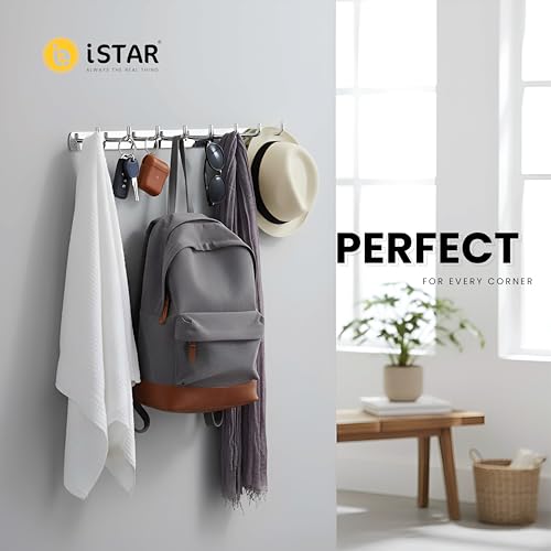 Image of iSTAR Stainless Steel 8 Pin Bathroom Cloth Hooks Hanger Door Bathroom Robe Hooks Rail for Hanging Keys,Clothes,Towel Steel Hook (Silver) (Pack of 1)