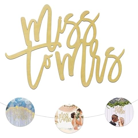Wooden Miss to Mrs Sign, 16”x12” Gold Party Banner For Bridal Shower Decor, Bachelorette Party Backdrop, Engagement, Wedding, Couples, Greenery Hedge Wall Cover