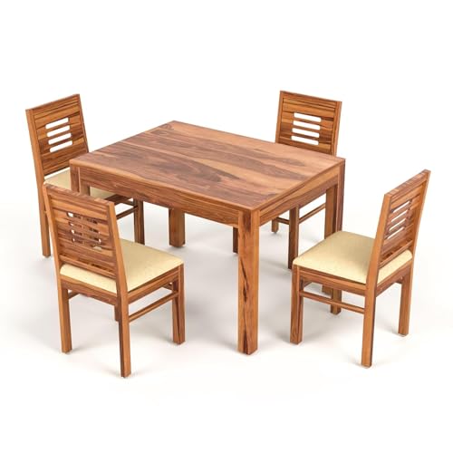 Image of Solid Wood Dining Table Set with Chairs for Living Room Home | Wooden Dining Room Sets Furniture for Hotels & Restaurants - Honey Finish (4 Seater)