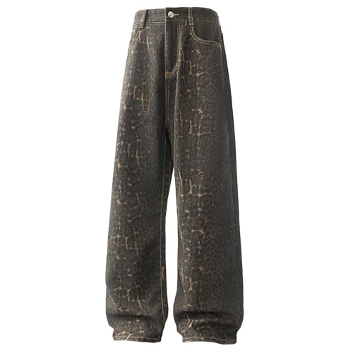 Men's Dark Leopard Print Wide Leg Jeans Loose Fit Classic Denim Pants Animal Print Trousers