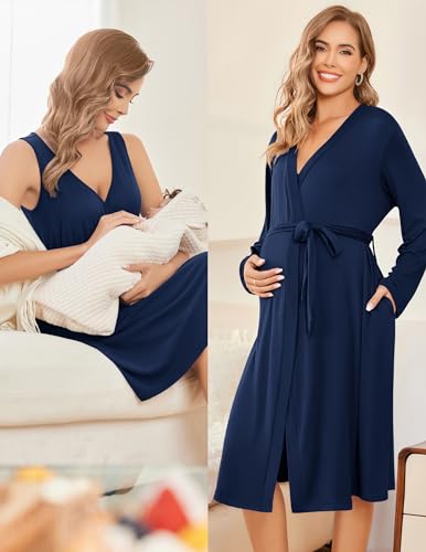 Image of Ekouaer Maternity Nursing Gown and Robe Set Labor Delivery Nursing Nightgowns for Breastfeeding Pregnancy Clothes