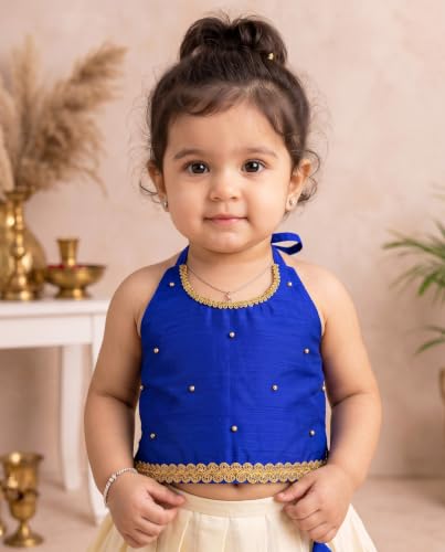 Image of Stanwells Kids Baby Girl Dress Cream Gold Pattu Pavadai Cotton Silk Lehenga Choli Kerala Kasavu South Indian Onam Festival Traditional Ethnic Wear
