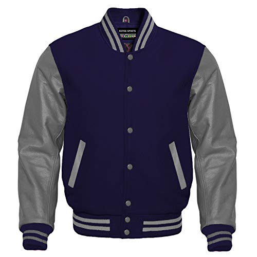 Premium Letterman Baseball School College Bomber Varsity Jacket Wool Blend & Genuine Leather Sleeves (Navy Blue/Gray, 5XL)