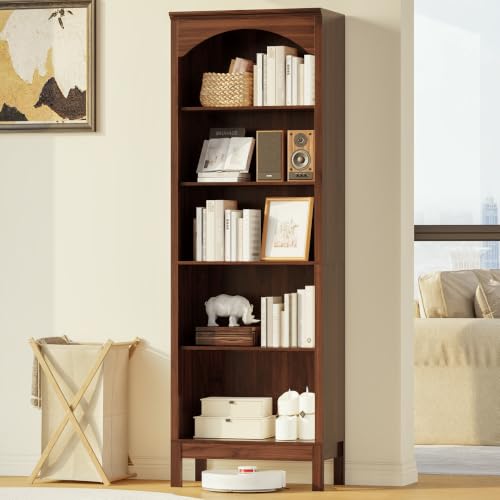 Image of 71 inch H Tall Bookshelf & Bookcase, Arched Book Shelf with 5-Tier Open Shelves, Walnut