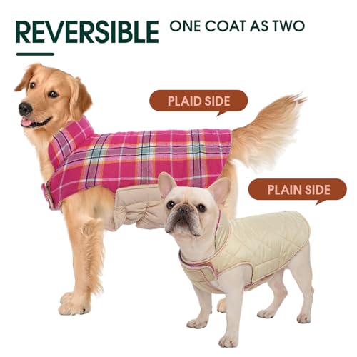 Image of Kuoser Waterproof Dog Coat, Warm Reversible Dog Jacket with Leash Hole | Soft Cozy Dog Cold Weather Coats for Rainy Snow Days, Lightweight Jacket for Medium Dogs, Xmas Dogs Snowsuit Rose M