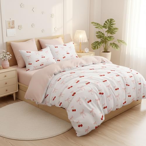 Image of Nayoroom Pink Bow Duvet Cover Full Size Reversible Red Cherry Duvet Cover 3 Pieces Soft Lightweight Microfiber Kids Girls Cute Aesthetic Dorm Bedding Set