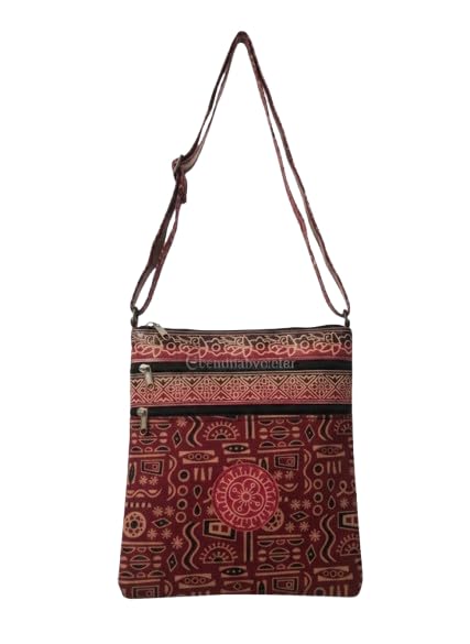 Image of Women Stylish Crossbody Sling Bag Comes with Flap Closure & Durable Polyester Design Multi-Pocket Design, Adjustable Strap(Burgundy Red with Tribal Print)