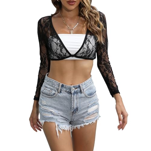 Women's Crop Top Long Sleeve Shrug Lace Short Blouse Shrug Sexy Lace Lining Cardigan Sheer Cover Up
