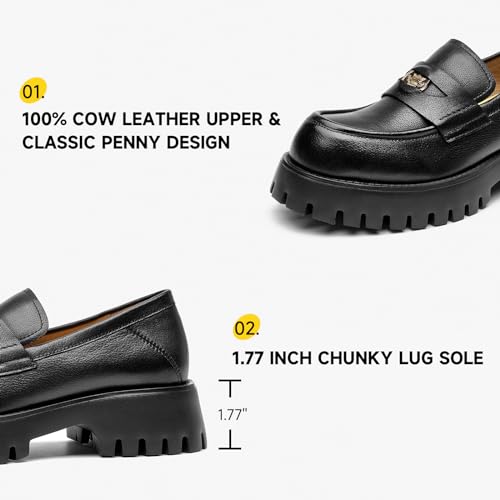 Image of BEAU TODAY Chunky Loafers for Women, Platform Penny Loafers for Women, Chunky Heel Lug Sole Leather Shoes Casual Comfortable Business Work Shoes Slip-on Black-C US 9