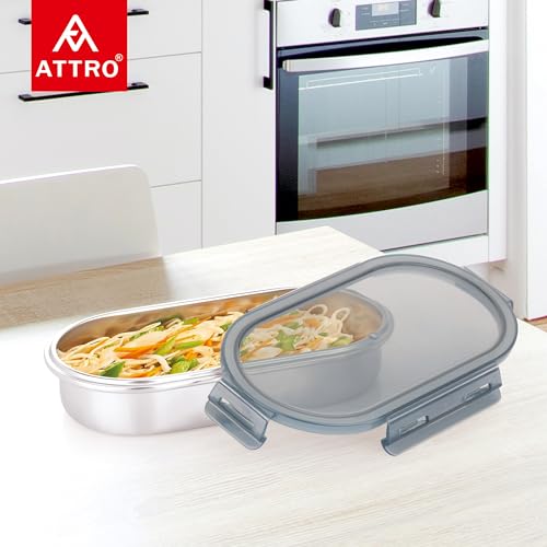 Image of Attro Steelox Oval Stainless Steel Container with Plastic Seal Lid BPA Free Food Grade Leak-Proof Ideal for School, Office & Outdoor Lunch Pack - 540ml Grey
