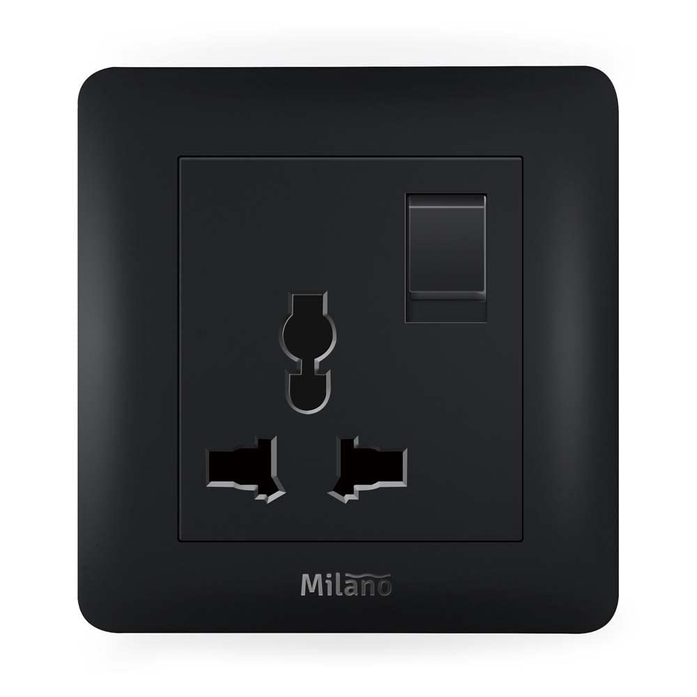 Milano 16A Single Universal Socket | Made With Polypropylene Colored In Piano Black - Electrical Switches, Sockets, Outlets For Home Appliances - L 3 X W 3" - Black