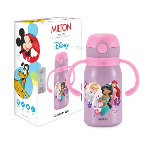 Image of MILTON Disney Fountain 450 ISI Certified Stainless Steel Water Bottle, Leak Proof, Rust Proof, Single walled,1 Yr Warranty, Ideal Sipper Water Bottle for School Kids Bottle, 455 ml, Purple
