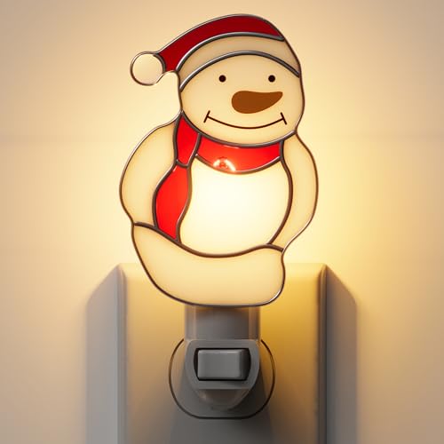 Image of Night Lights Plug into Wall Christmas Snowmen Stained Glass Plug in Night Light Dusk to Dawn 3000K Warm White Nightlight Switch On /Off for Adult Kids Room Bathroom Hallway Kitchen Non-Dim