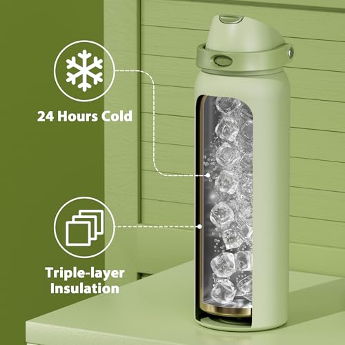 Image of 40 oz Insulated Water Bottle with Straw: Meoky Stainless Steel Metal Water Bottle with 2-in-1 Lid - Leak Proof, Cold for 24 Hours, Protective Silicone Base, BPA-Free for Sports Gym, Sage
