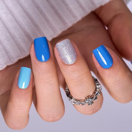 Image of Curvlife Soft Gel Press on Nails 30pcs Fake Nails with Design Full Cover False Nails for Women Reusable Nail Kit with Nail Glue Adhesive Tabs Nail File (Ocean Blue)
