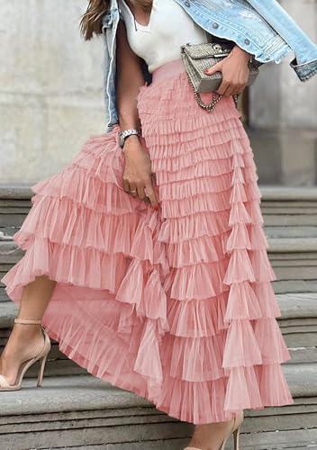 FLITAY Womens Flared Tiered Tulle Skirt Pleated Layered Mesh Skirts Elastic Waist Maxi Cake Skirt3