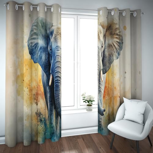 Graffiti Dibujos Animados Cortinas Opacas Fauna Africana Cortinas Elefante Cortinas térmicas aisladas para Reducir el Ruido Cortinas Ventana con alcantarillas 2 Paneles (W140xL230cm Cada uno)