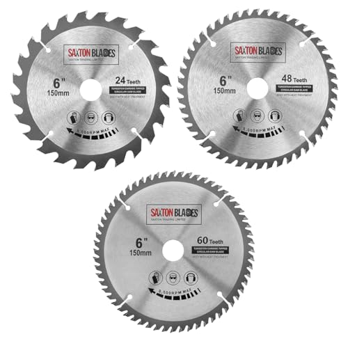 3x Saxton TCT Circular Saw Blades 150mm x 20mm bore 24, 48 & 60 teeth + 16mm and 10mm Ring Compatible with Ryobi Bosch Makita Dewalt