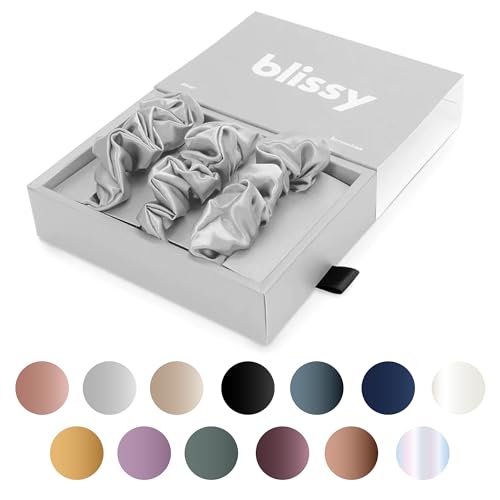 Image of Blissy Silk Scrunchies (3 Pack) - 100% Pure Mulberry Silk - 22 Momme 6A High-Grade Fibers Scrunchie for Straight & Curly Hair - Preventing Breakage, Tangling, & Creasing (Silver Regular)