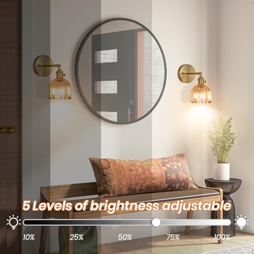 Image of Vintage Wall Sconce Set of Two, Battery Operated Wall Sconce with Amber Tulip Glass Lampshade Rechargeable Wall Light with Remote Control for Bedroom,Living Room, Hallway, Aisle