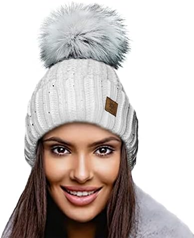 4sold Womens Ladies Winter Hat Wool Knitted Beanie with Large Pom Pom Cap SKI Snowboard Hats Bobble Gold Circle Little Crystals