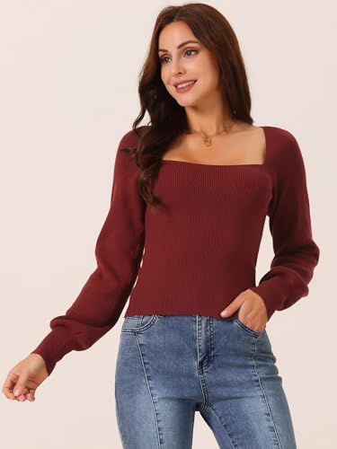 Image of Seta T Women's Square Neck Long Sleeve Sweaters Casual Ribbed Knit Fitted Pullover Sweater Tops