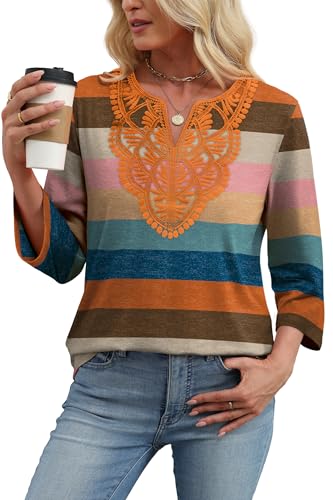 Image of WIHOLL 3 /4 Length Sleeve Womens Tops Boho V Neck Lace Shirt Trendy Blouses Dressy Casual Vacation Clothes S-3XL