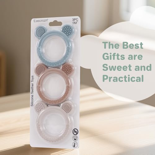 Image of Eascrozn Teething Toys 3-6 Months, 3 Pack Silicone Teethers for Babies 6-12 Months, BPA Free Soft Textured Teething Relief Soothing Sore Gums Baby Essentials