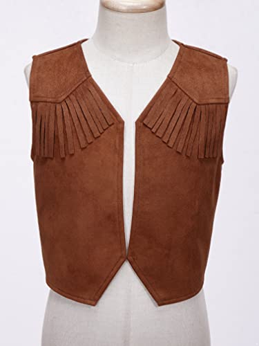 JEATHA Kids Boys Western Cowboy Vest Brown Suede Leather Fringed Hem Jacket for Halloween Carnival Party3