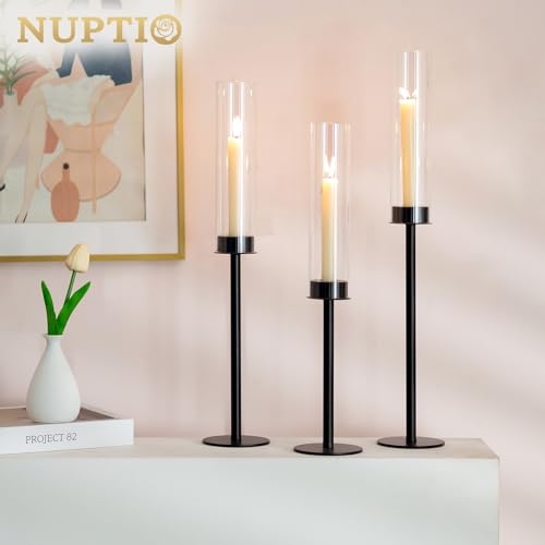 Nuptio Black Candlestick Holders For Centerpiece: 6 Pcs 23.6 & 21.7 & 19.7 In Tall Hurricane Taper Candleholder With Glass Cylinder Chimney Windproof Metal Candle Stick Holder For Fireplace Decor thumb #2