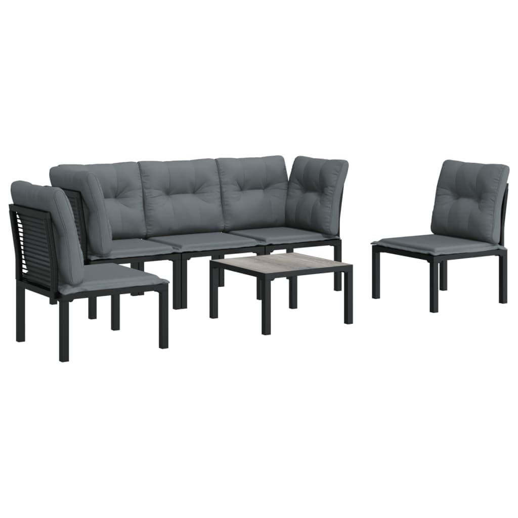 Fengshui Set di 6 mobili da giardino in polyrattan nero e grigio | Design modulare, telaio in acciaio verniciato a polvere, cuscino imbottito spesso, tavolino da caffè
