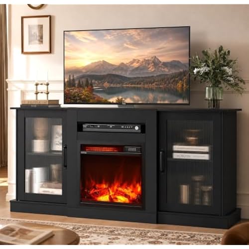 WLIVE Fireplace TV Stand for 65" TV, Entertainment Center with 3D Realistic Flame Electric Fireplace, TV Console with Open Shelves for Living Room, Black