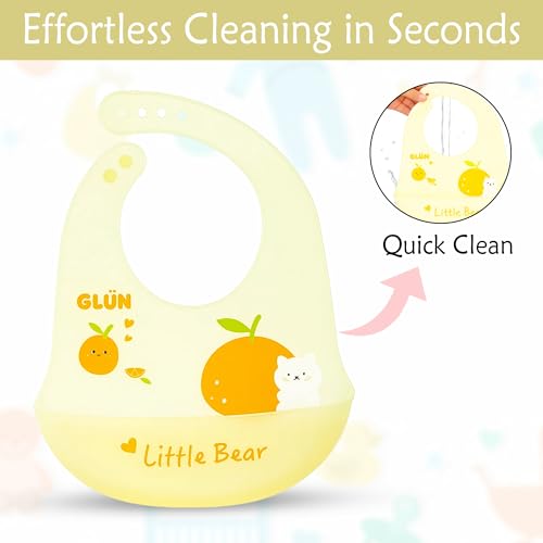Image of GLUN Pack of 2 Soft Feeding Bibs with Bowl, Cute Oranges Print for Growing Champs, Easily Wipes Clean, Comfortable Soft Baby Bibs, Less Time Cleaning after Meals for Babies