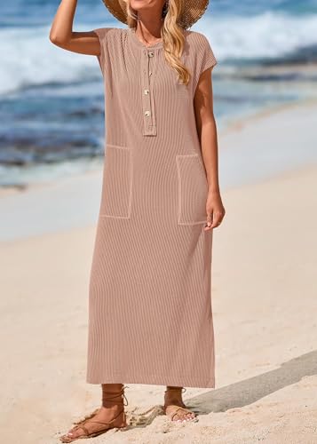 Image of KIRUNDO Womens Summer Ribbed Knit Short Sleeve Maxi Dress | 2026 Spring Henley Button Up Knitted Tshirt Dress, Loose Beach Vacation Sundress, Teacher Dress, Loose Fit Nursing Friendly