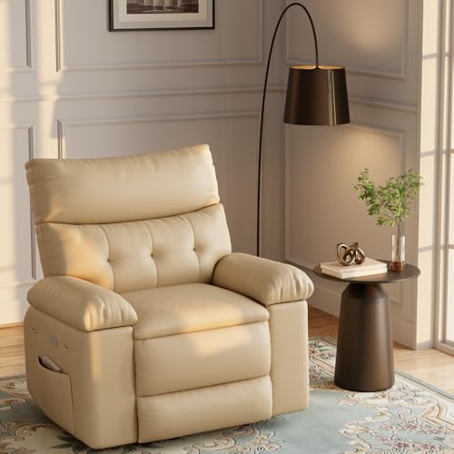 Recliner Chair for Adults, PU Leather Electric Rocker Recliner, 360 Degree Swivel Lounge Chair with Side Pocket, Modern Massage Recliner Chair Sofa for Living Room, Bedroom (Beige)