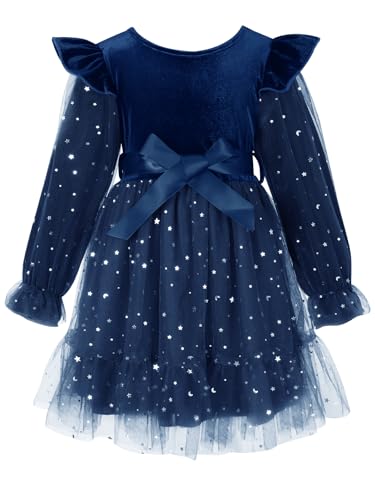 Hotfiary Toddler Girls Velvet Tulle Dress Little Girls Long Sleeve Ruffle Sequin Tutu Christmas Party Holiday Dress 2-7 Years