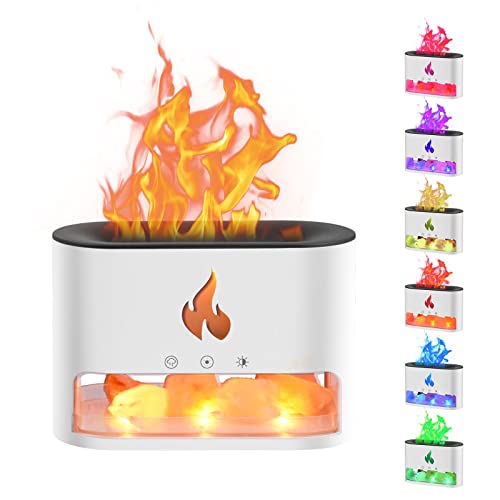 Diffusore di Oli Essenziali, Umidificatore Effetto Fiamma, Pietra di Sale di Cristallo, Lampada D'atmosfera Colorata, Diffusore di Aromi per L'home Office(White)